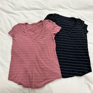 Lululemon Striped V-Neck T-Shirts - Pink and Black